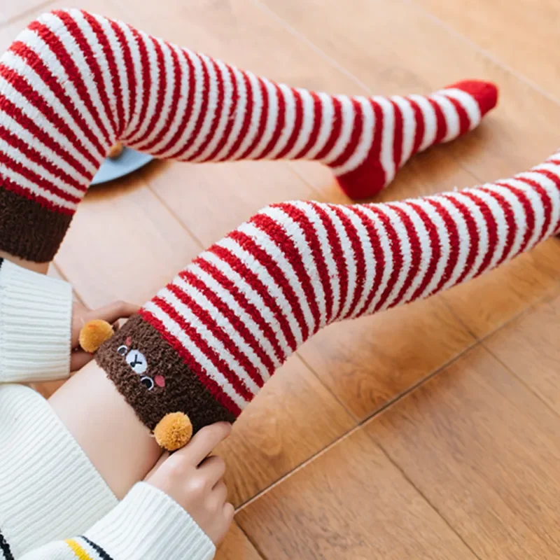 

Fashionable and Comfortable Winter Sleep Coral Velvet Socks Over The Knee Warm Striped Thick Long Stockings for Women's Socks
