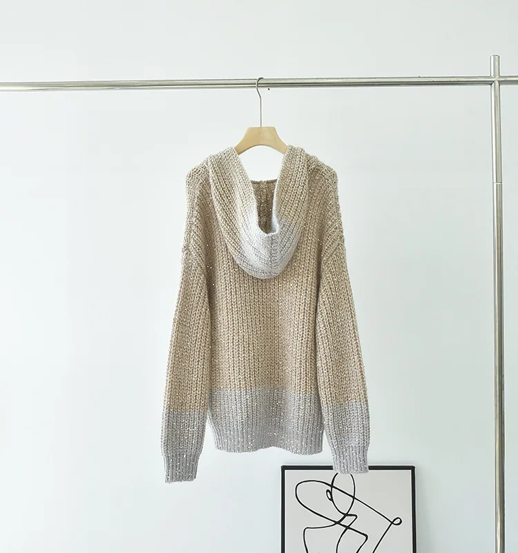 

Women Sequin Decoration Gradient Sweter Autumn Winter 2023 New Ladies Long Sleeve Loose Knit Cardigan Hooded Pullover Tops