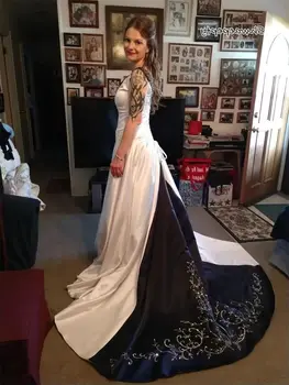 Abito da sposa classico blu navy scuro e bianco con ricami, in raso, linea ad A, stile vintage, scollo a V, con spalline, senza maniche, personalizzabile