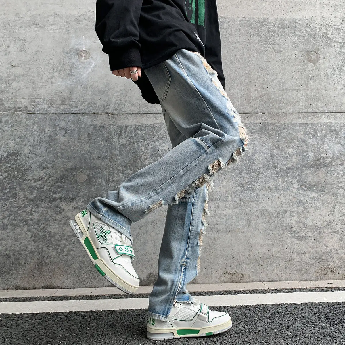 Y2K retro ripped jeans men's spring American retro street gangster handsome pants niche design zipper slit straight pants