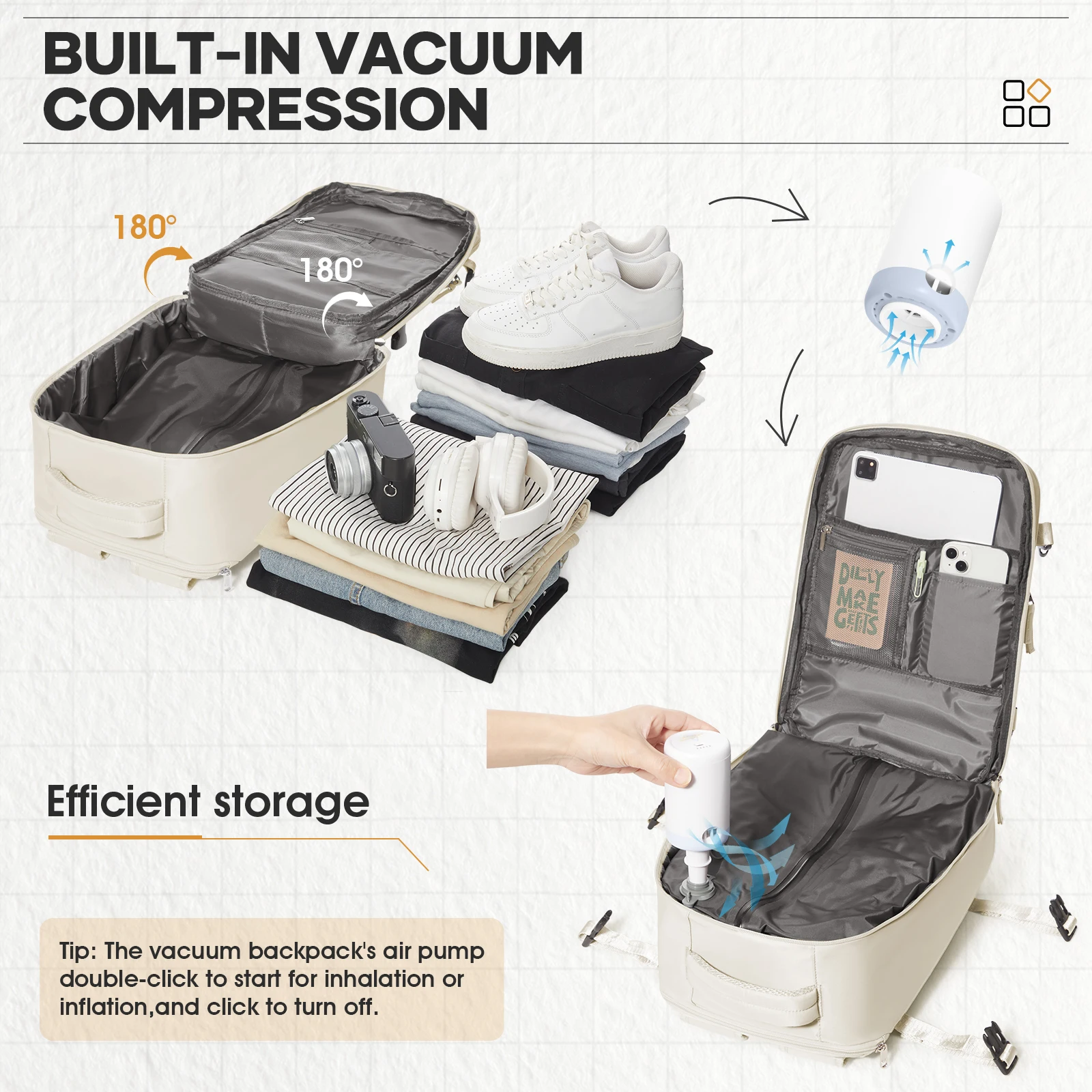 Ideal Short Distance Backpack Air Vacuum Compression Backpack no Pump, Cabin Airplane Ryanair 40x20x25 Travel Backpack, Daypack