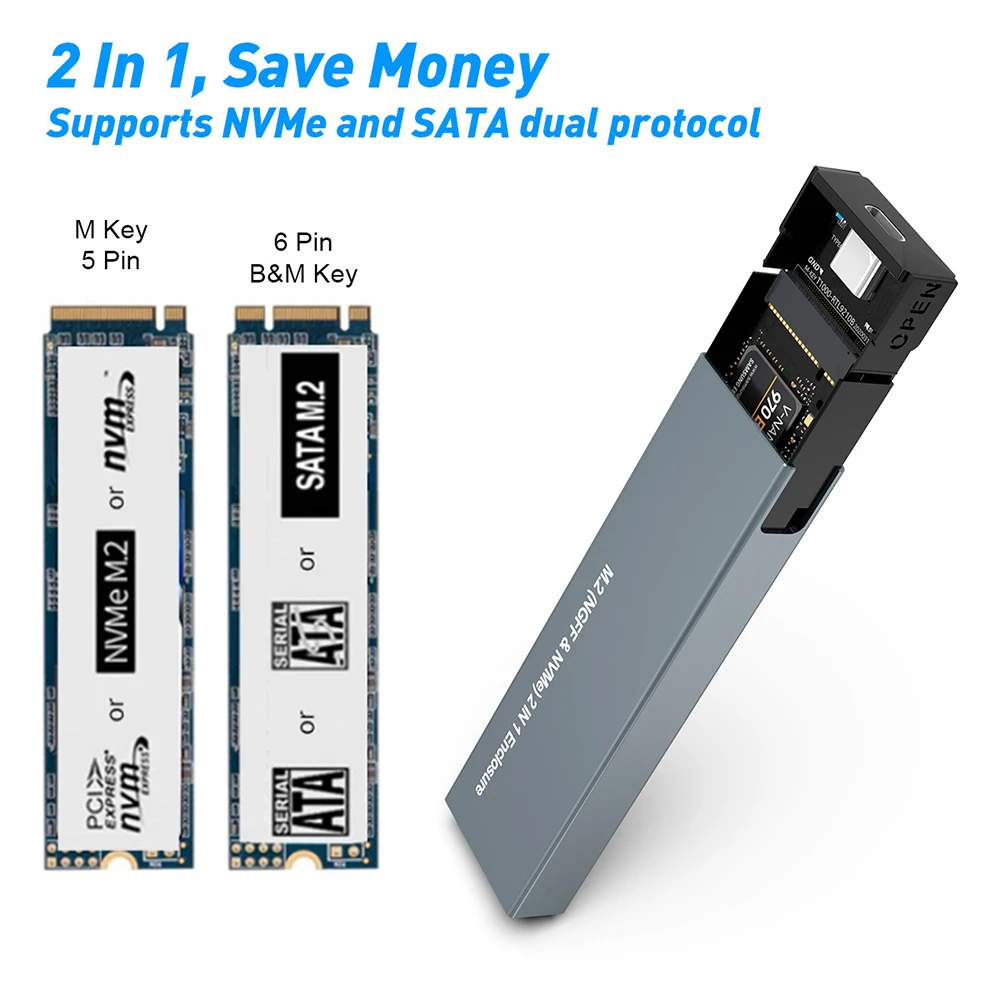 

Dual Protocol M.2 NVMe SSD Case 10Gbps USB3.1 Gen2 NVMe Enclosure,M2 SATA NGFF 5Gbps SSD Case For 2230/2242/2260/2280 M.2 SSD