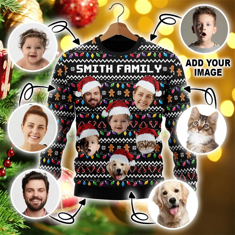 thumbnail image 1 of Suéter navideño feo con foto personalizada y estampado 3D divertido para mujer, ropa para personalizar la cara, sudadera con imagen de bricolaje, regalo, tops, 1 of 5