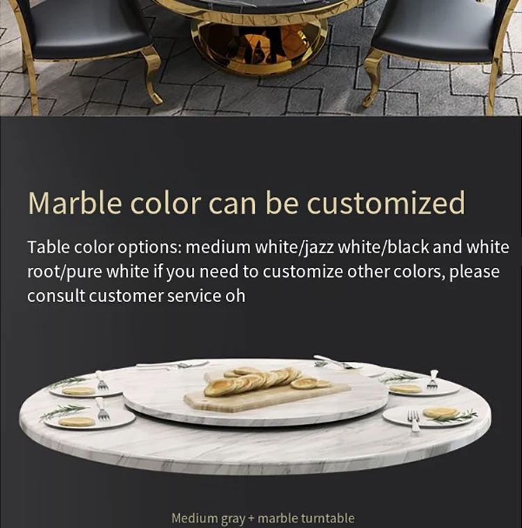 Description Picture 5 of itemNew Top Round Dining Table Set 6 Chairs Table Luxury Turntable Center Large Restaurant Modern Simple Stainless Steel Furniture