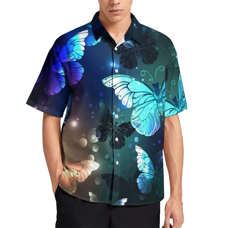 thumbnail image 1 of Camisas de verano para hombre, blusas con estampado de mariposas en 3D, camisas informales de manga corta de gran tamaño para playa, camisas holgadas con botones para hombre, 1 of 5