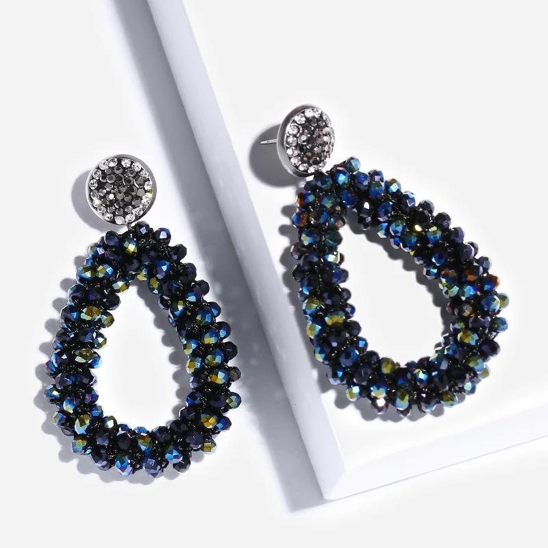 FLOLA Handmade Teardrop Crystal Beads Earrings for Woman Bohemia Woven Pendant Earring Big Earrings drop earrings,dangle earrings,long earrings