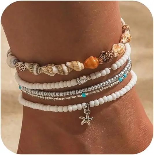 Bead Ankle Bracelets Set for Women, Boho Shell Anklet, Hawaiian