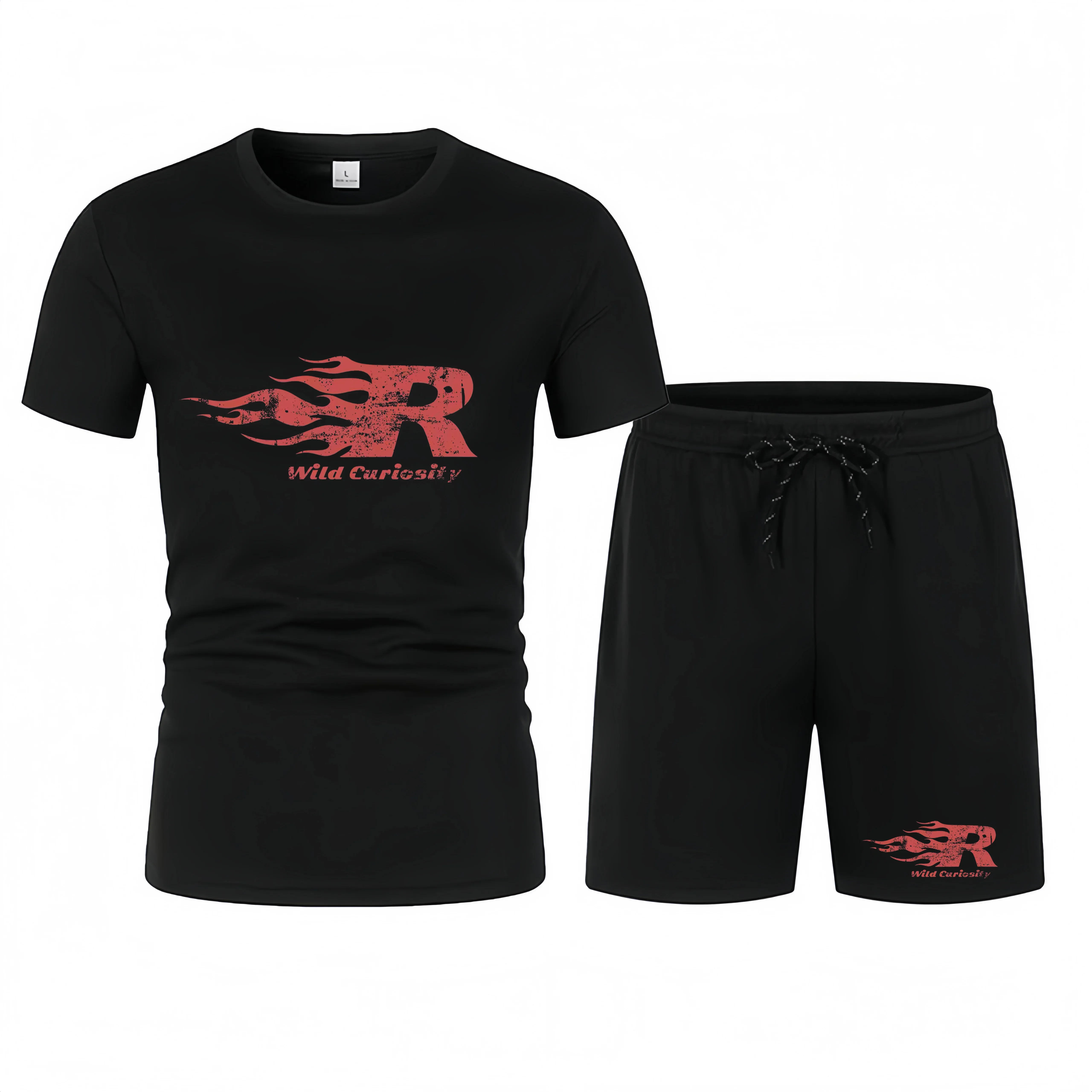 Black t-shirt and black shorts set with red logo and text on a white background