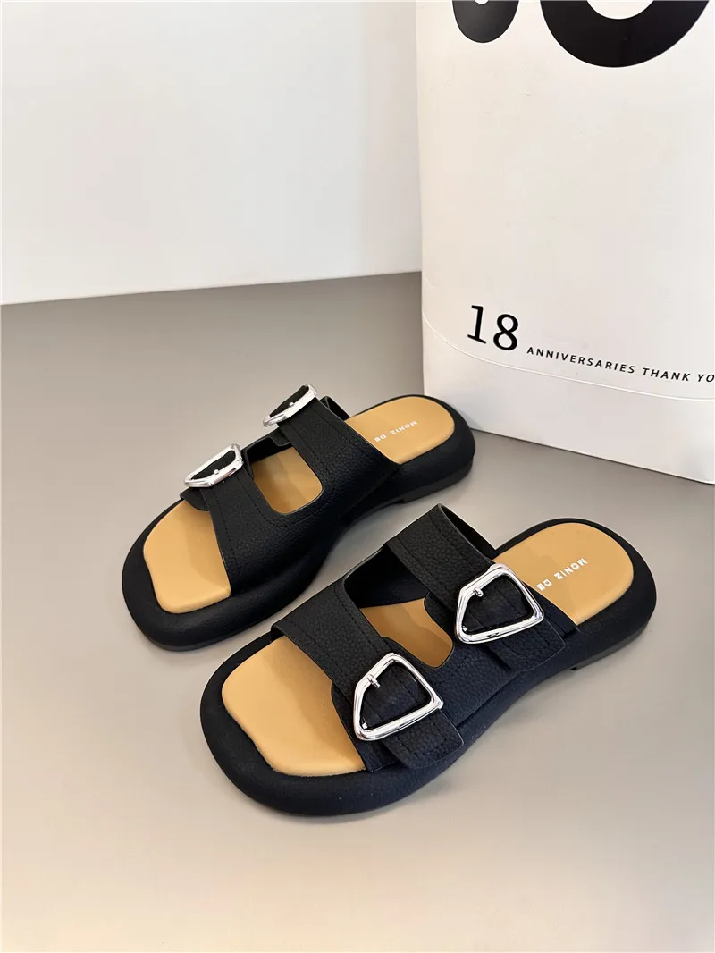

Belt Buckle Sandals Mules Women Back Strap Open Toe Leisured Sandalias Summer Outdoor Flats Slides Vacation Beach Shoes Mujer