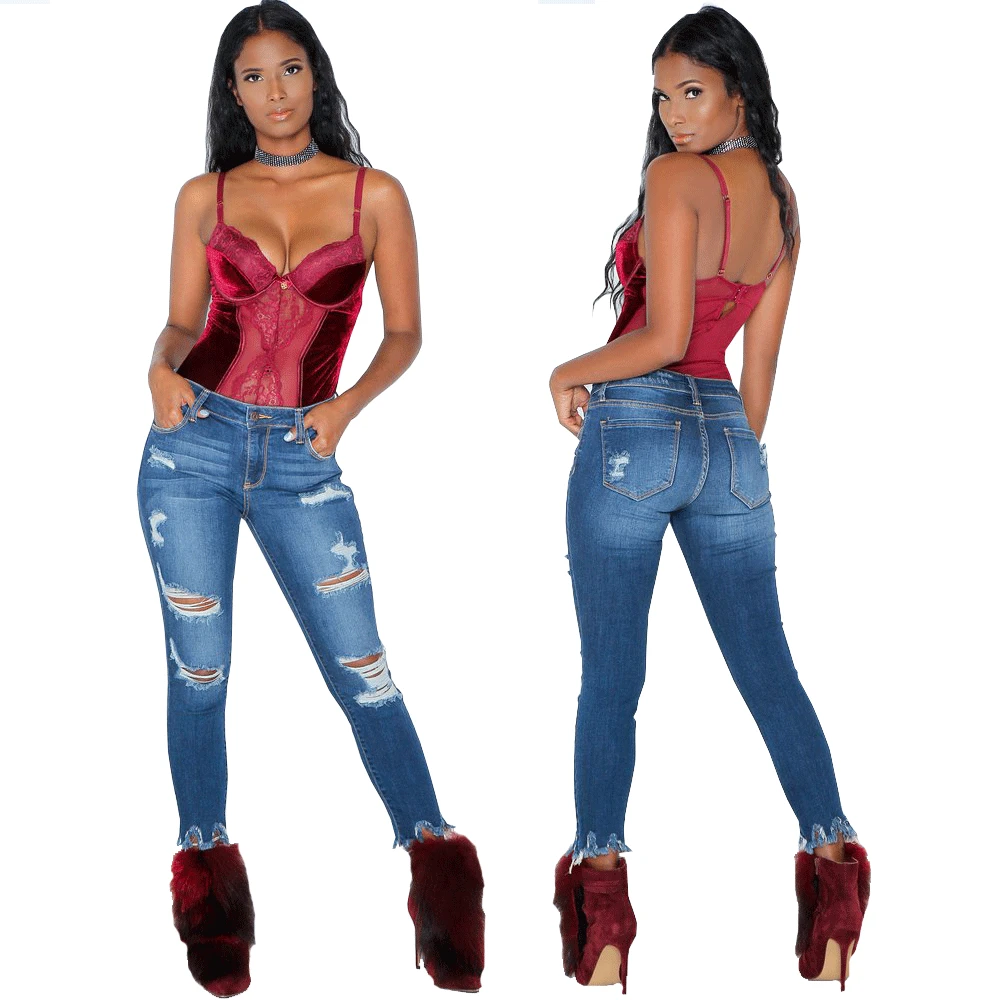 

Women Ripped Blue Jeans Pants Curvy Distressed Skinny Denim Jeans For Women