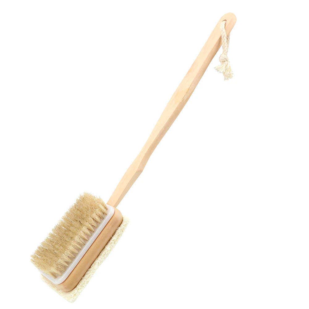 Body Back Cleaning Brush Skin Cuticle Grease Remove Wooden Handle Loofah Bristle Both Side Bath Brush Massage Shower Bath Sponge 4