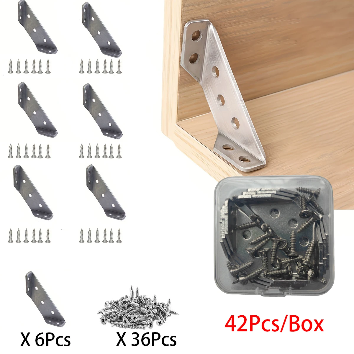 Angle Bracket 42Pcs(6Pcs Corner Bracket+36Pcs Screw) Heavy-Duty Stainless Steel Corner Brackets Durable Shelf & Furniture Supports with Screws