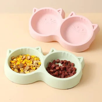 Pet Cat Double Bowl Eco-friendly PP Material Cartoon Cat Face Shape Food Water Feeding Bowl Non-slip Puppy Cat Feeder Supplies 4