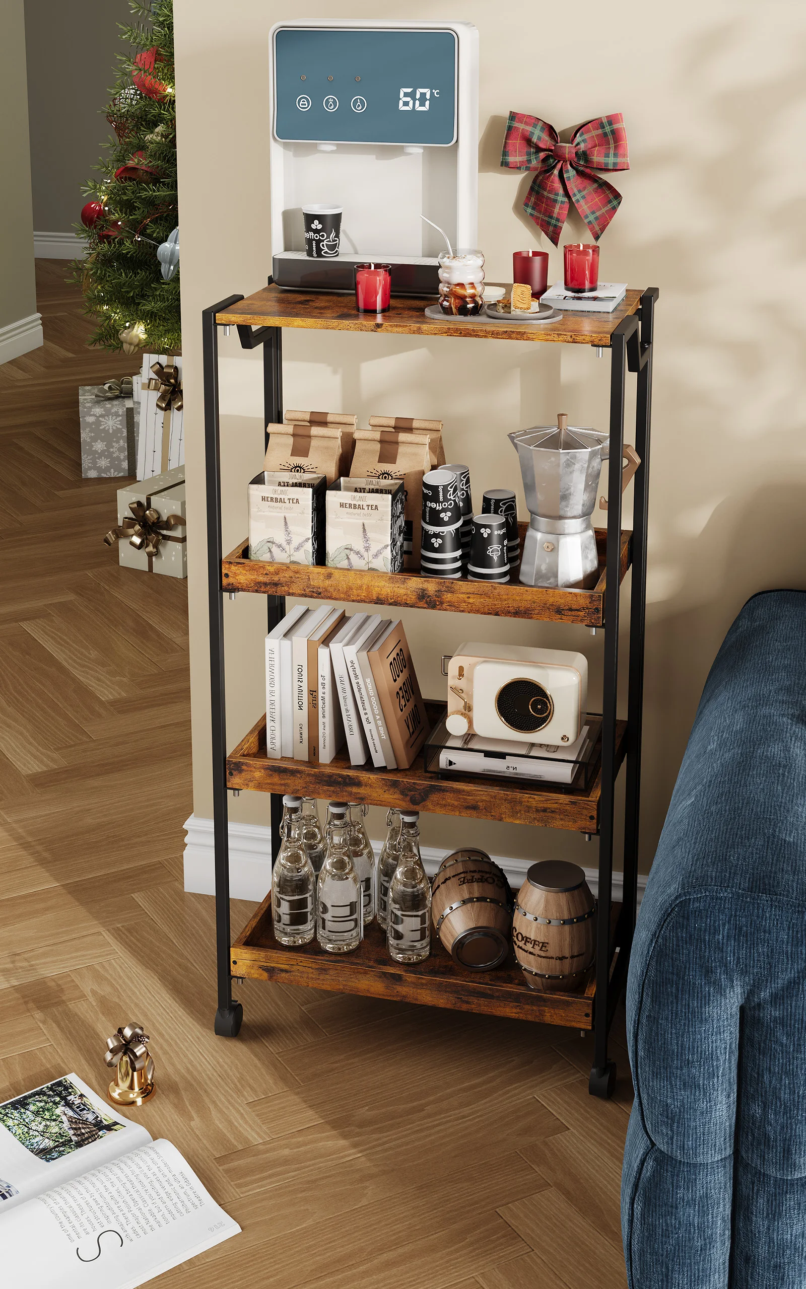 4-stöckiger schlanker Aufbewahrungswagen, faltbarer Rollorganizer mit Holzregalen, mobiles Aufbewahrungsregal für Küche, Bad, Waschküche – Detail 10