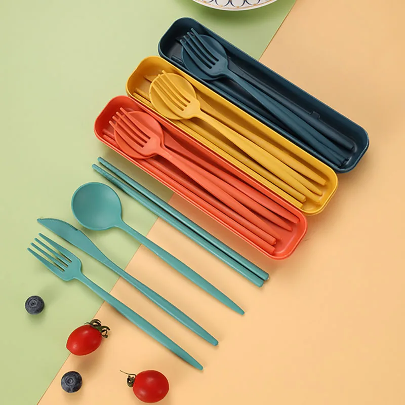 4pcs/set Japanese Wheat Straw Portable Tableware Set Knives Forks Spoons Chopsticks Outdoor Camping Tableware Set for Children