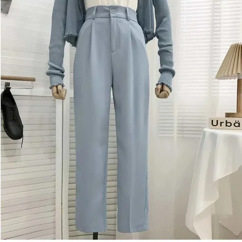 Fashion Elastic High Waist Suit Pants Women 2023 Spring Casual Loose Straight Black Trouser Office Ladies Nine Points Streetwear