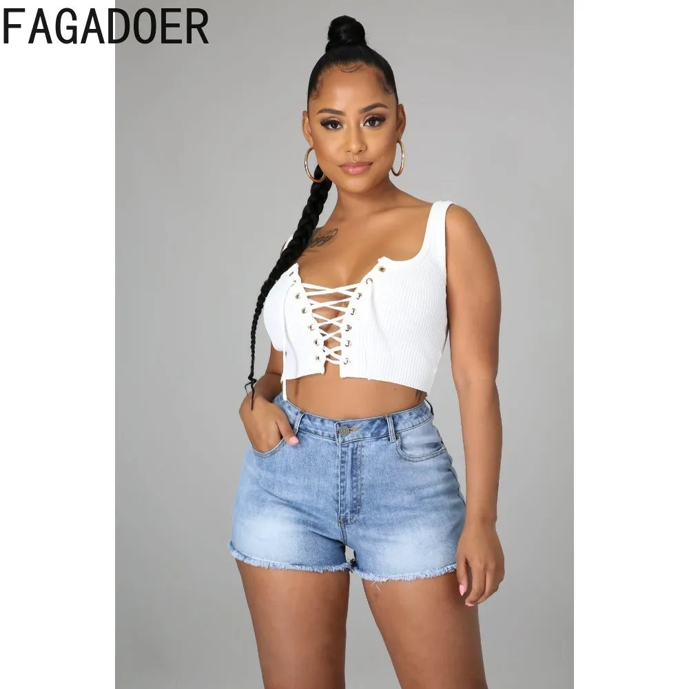 FAGADOER Fashion Bandage Denim Shorts Women High Waisted Button Pocket Slim Jean Summer New Female Matching Cowboy Bottoms 2024