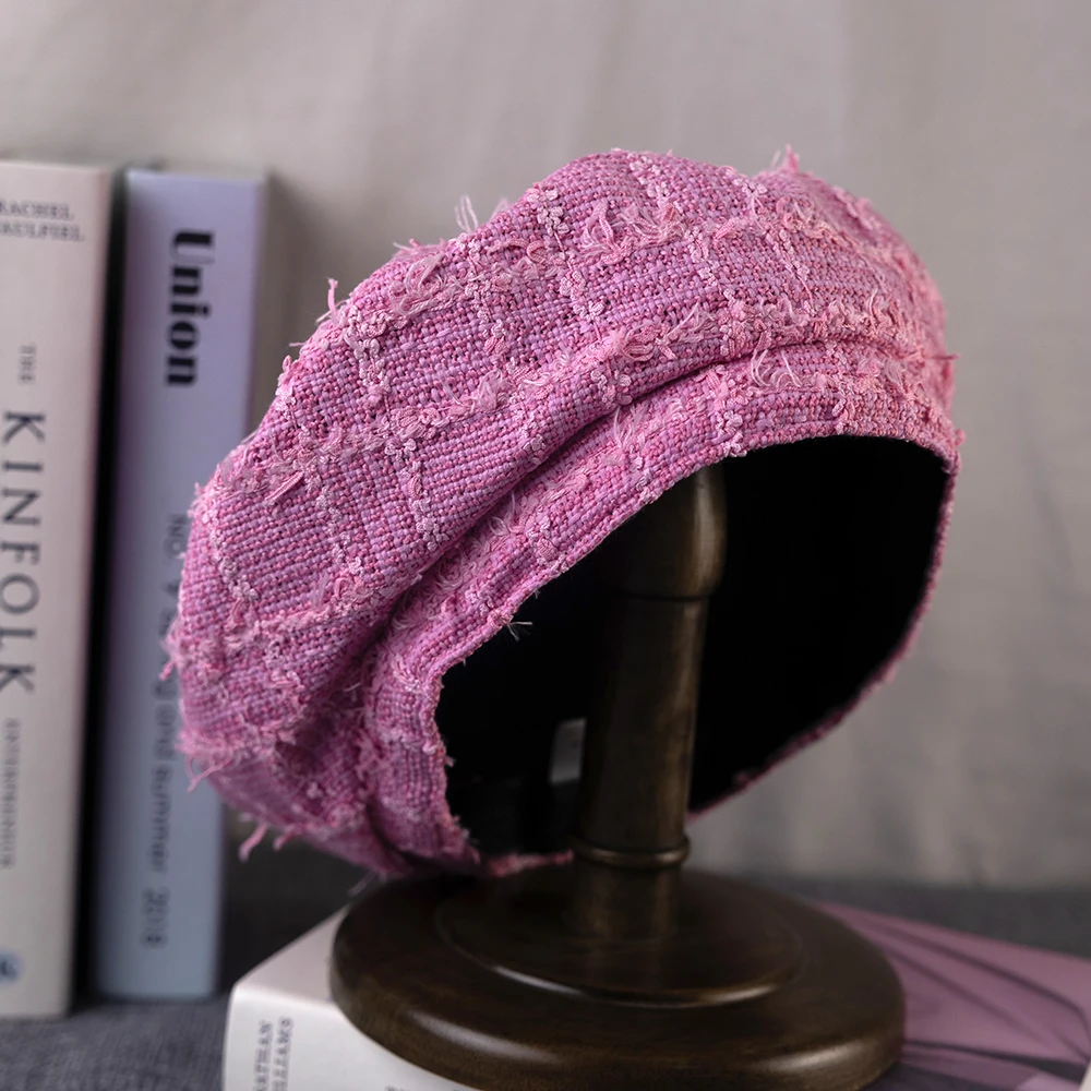 New Purple Plaid Beret Women Men British Girl Sweet Cool Bonnet Korean Style Flat Top Berets Hat Female Retro Painter Cap FDM04