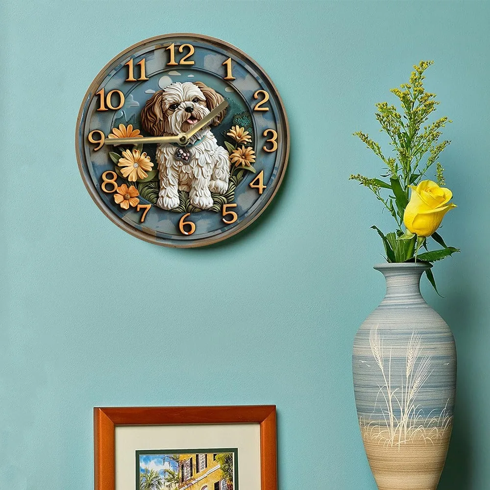 Wooden wall clock with cute Shih Tzu and flower design, perfect for home decor. Runs on AA batteries 6