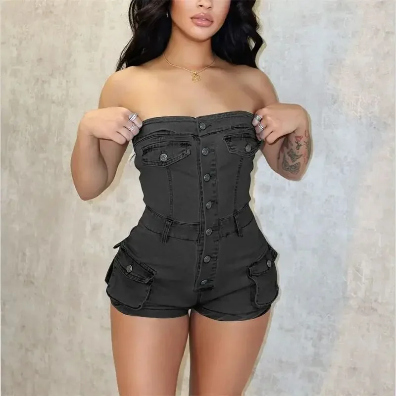 Women One-line Collar Sleeveless Denim Jumpsuit Shorts Fashion Casual 3D Pocket Rompers Female Single-breasted Splice Playsuits