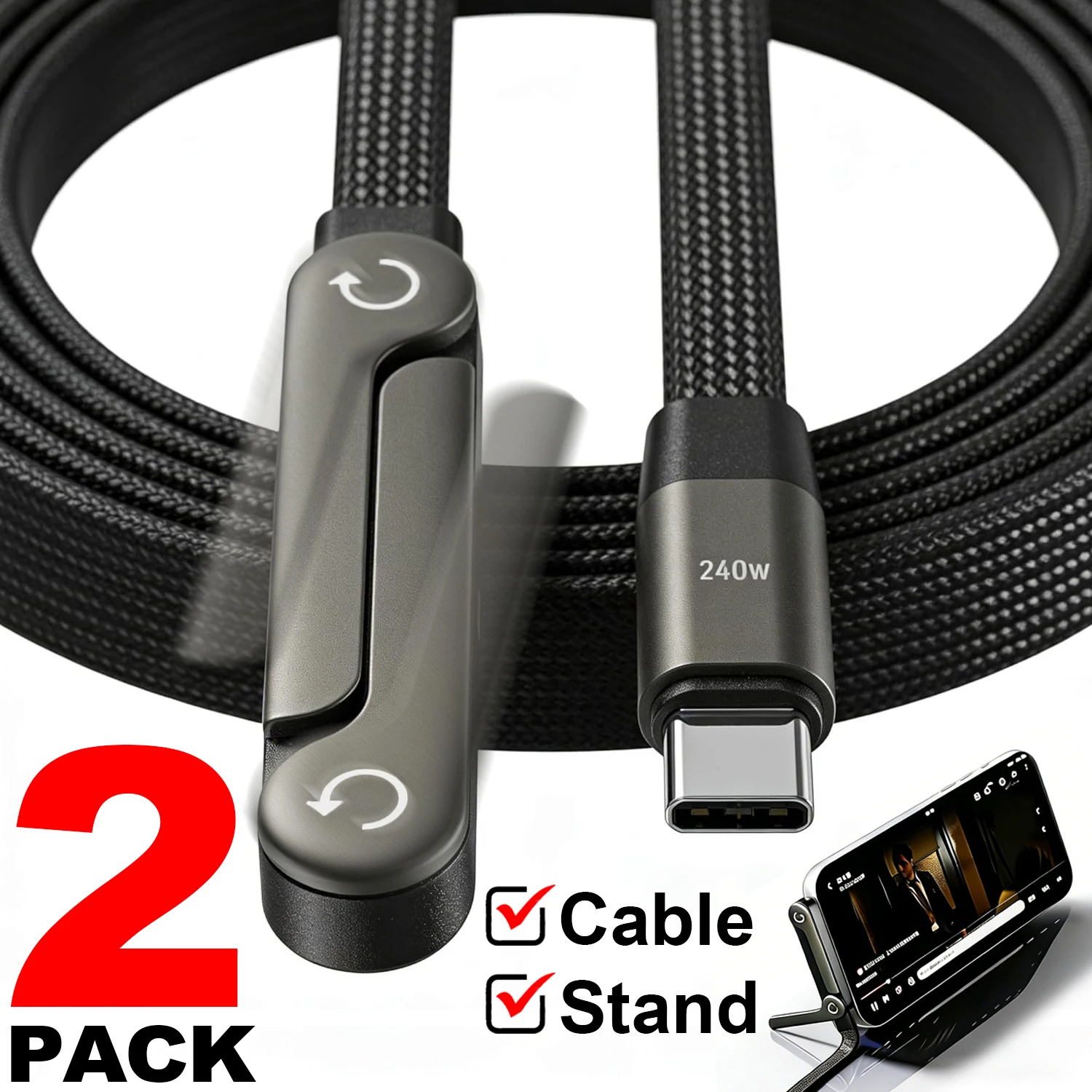 1/2PCS Type C To C Charger Cable 240W Fast Charging Data Line with Built-In Phone Stand for IPhone Samsung Xiaomi Google 1