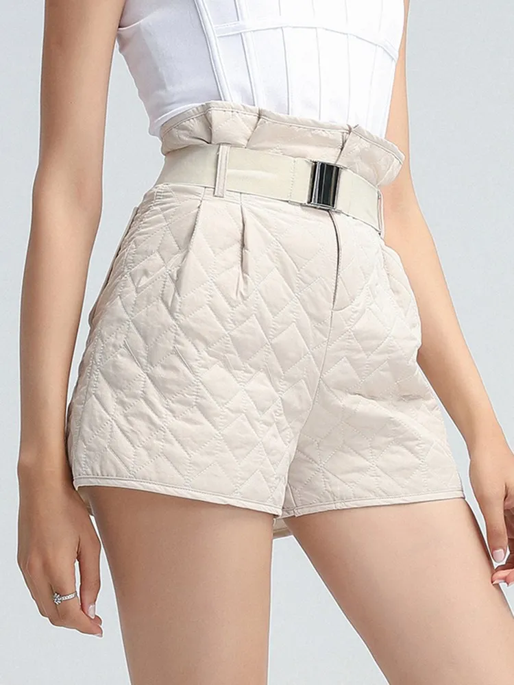 KBQ Spliced Belt Solid Short Trousers For Women High Waist Slimming Casual Straight Leg Shorts Female Fashion 2023 Clothing New