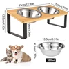 Tall cat bowl rack stainless steel double bowl wrought iron solid wood bamboo cat food bowl small dog rice bowl 2