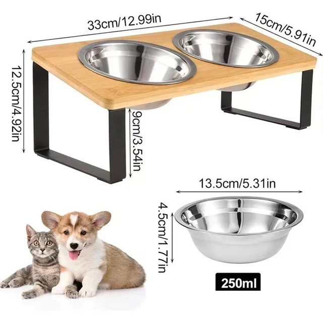 Tall cat bowl rack stainless steel double bowl wrought iron solid wood bamboo cat food bowl small dog rice bowl 2
