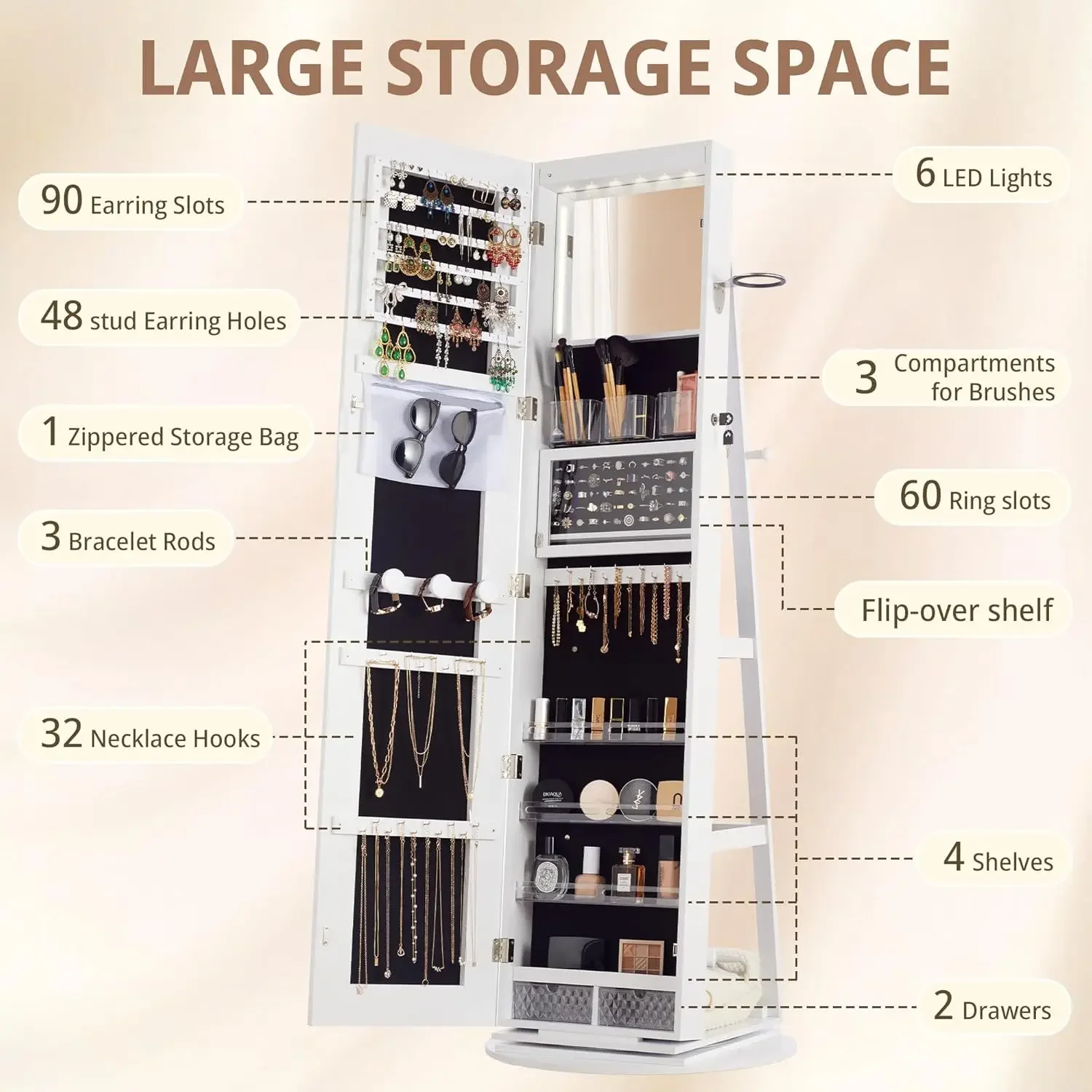 LED Mirror Jewelry Cabinet Standing, 360° Swivel Lockable Jewelry Armoire with Full Length Mirror & Adjustable LED Lights,White