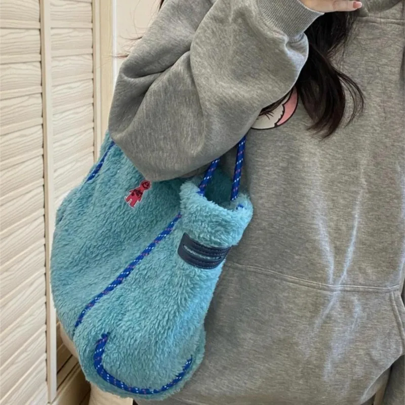 Cute Color Block Faux Shearling Tote Bag Women Plush Large Capacity Panel Shoulder Bags Ladies Cartoon Embroidered Underarm Bag