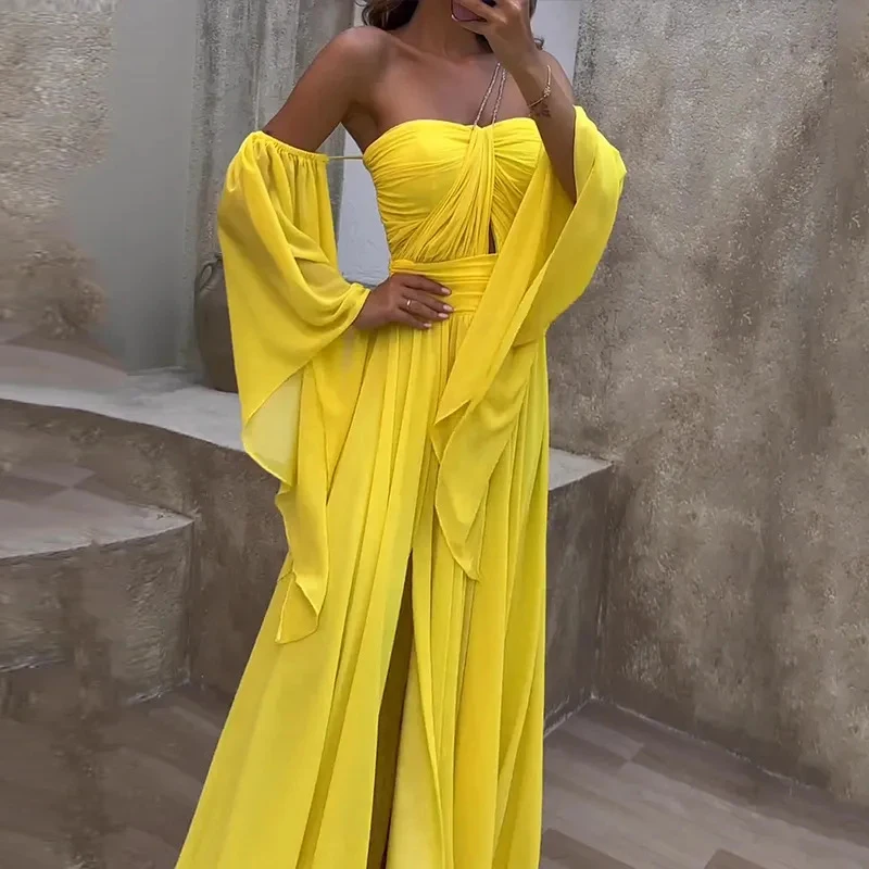 

Solid Color Strapless Flare Sleeve Fairy Dress Women Sexy Slim Fit Pleated A-Line Maxi Dress Lady Hollow Out Folds Banquet Dress