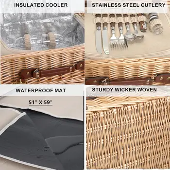 Mutifunctional Wicker Picnic Basket Set for 2 with Blanket and Picnic Table, Insulated Picnic Set with Full Tablewares for 4