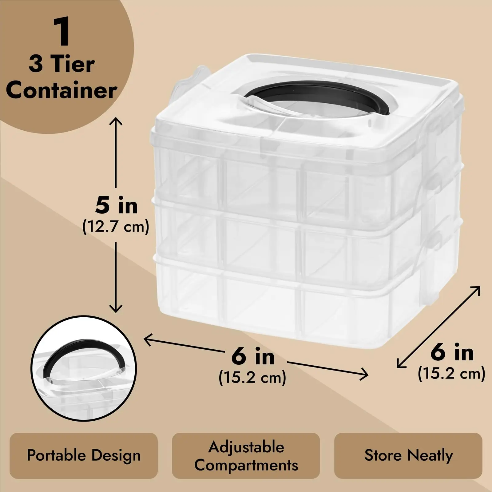 Description Picture 3 of item3-Tier Transparent Stackable Adjustable Compartment Slot Plastic Craft Storage Box Organizer Snap-lock Tray