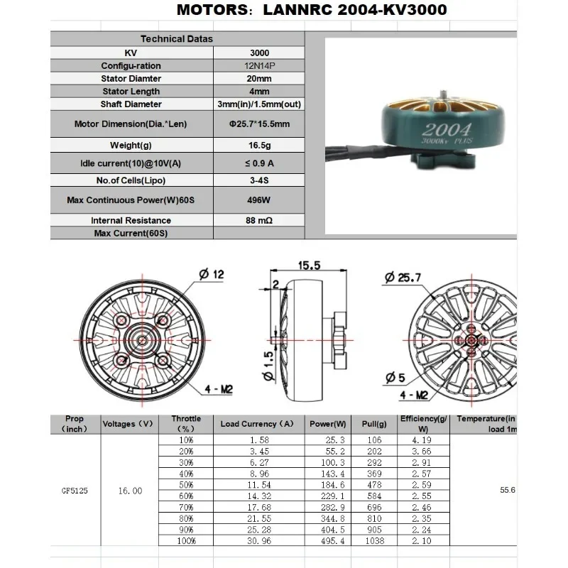 Moteur sans balais 2004 PLUS 1800/3000KV pour avion FPV 3-4S