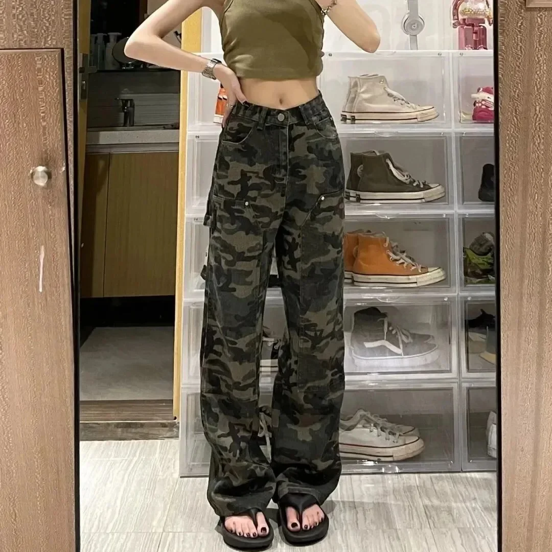 Camouflage Cargo Pants Women Y2K Streetwear Low Rise Jeans Retro Wide Leg Trousers Denim Straight Trousers Harajuku