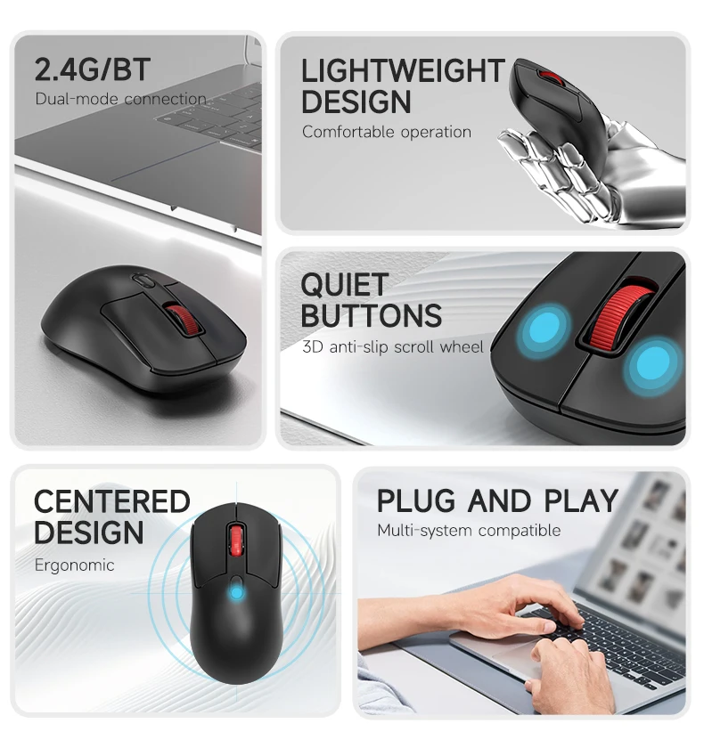 AJAZZ NJ02 Kabellose Gaming-Maus, 2,4G/Bluetooth, Auflösung 800-1200-1600 DPI – Detail 2