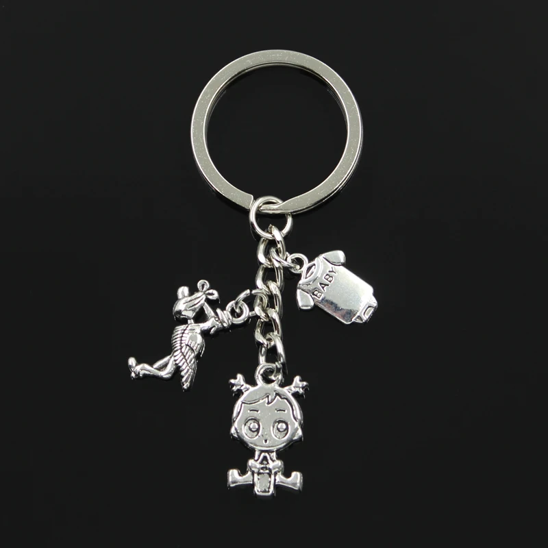 Mode 30mm Schlüssel Kette Keychain Schmuck Silber Farbe Storch Baby Mädchen Junge Onesie Overall Anhänger