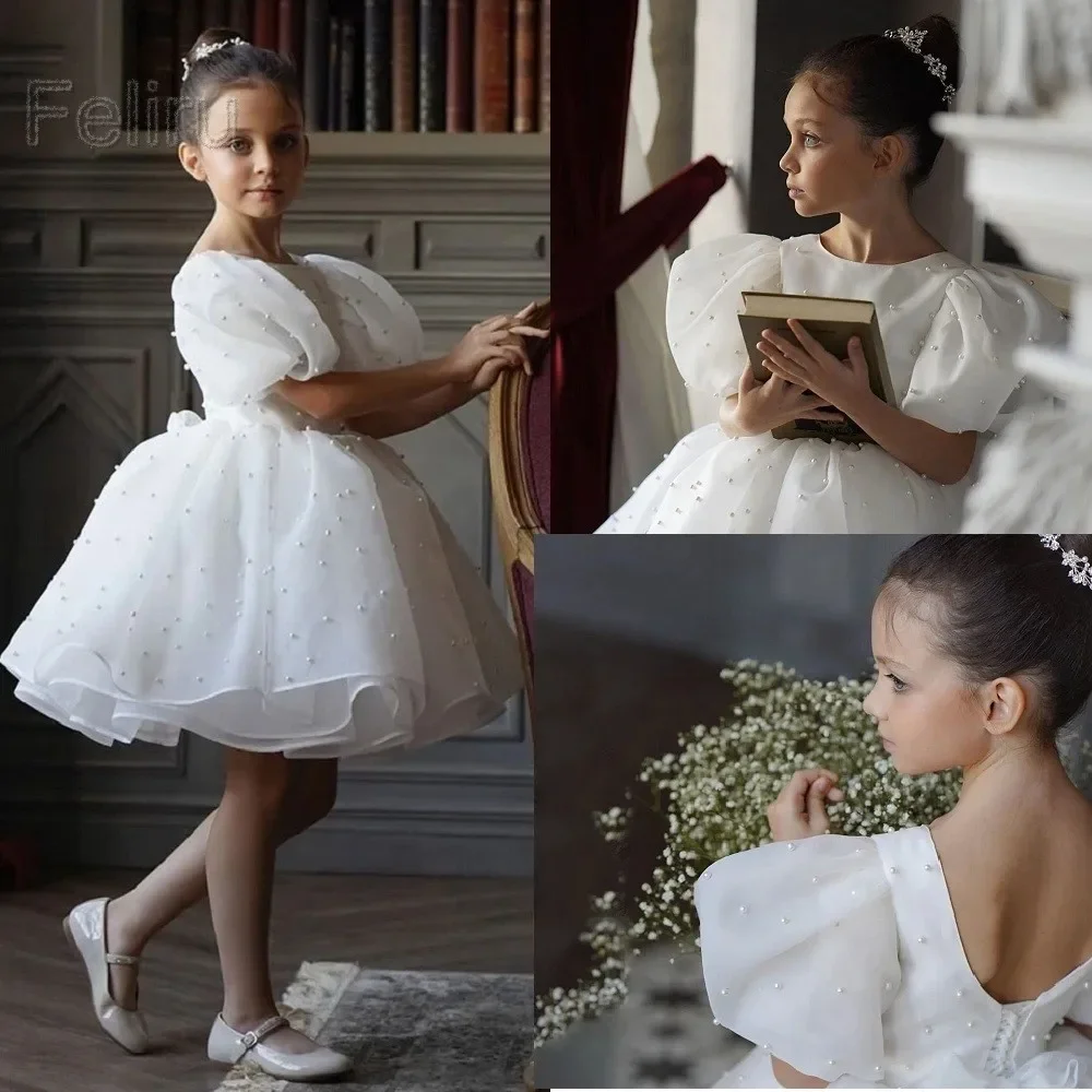 

White Pearls Flower Girl Dress For Wedding Tulle Princess Elegant Appliques Beading Party Dresses First Communion Dress