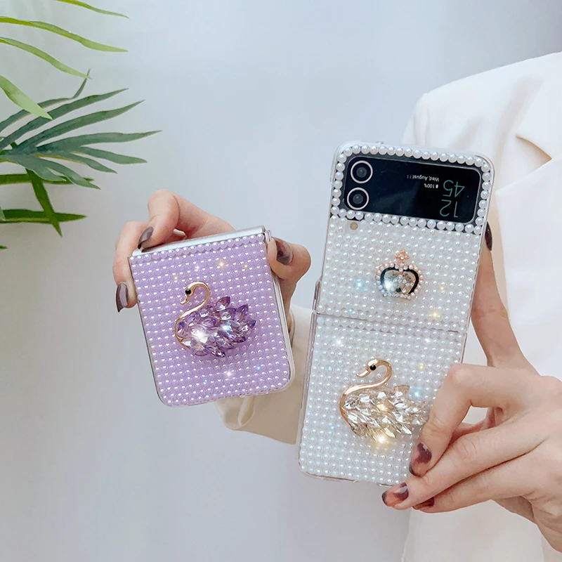 Case For Samsung Galaxy Z Flip 4 Z Flip 3 DIY Sparkling Pearl Crown Swan Hard Mobile Phone Case Cover