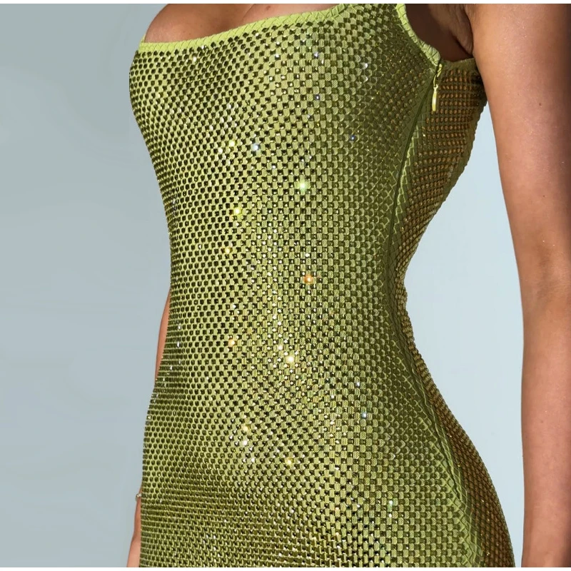 Pailletten Diamanten Rohr Langes Kleid Für Frauen Quadrat Kragen Ärmellose A-linie Mesh Robe 2025, Sommer Elegante Weibliche Party Kleider – Detail 24