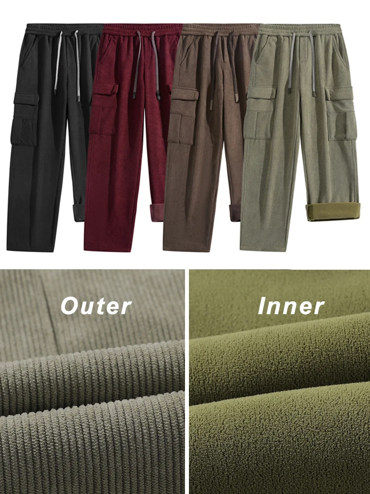 Men Fleece Sweatpants Multi-Pockets Knit Cargo Pants Thicken Warm Casual Loose Straight Trousers