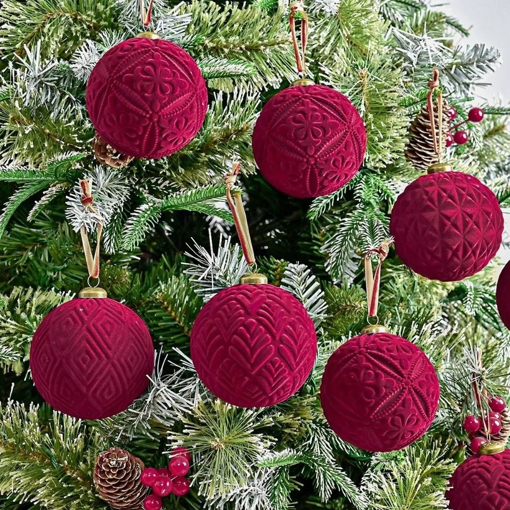 9pcs 10cm Christmas Hanging Balls Flocking Vintage Velvet Christmas Balls Shatterproof Plastic Christmas Spheres