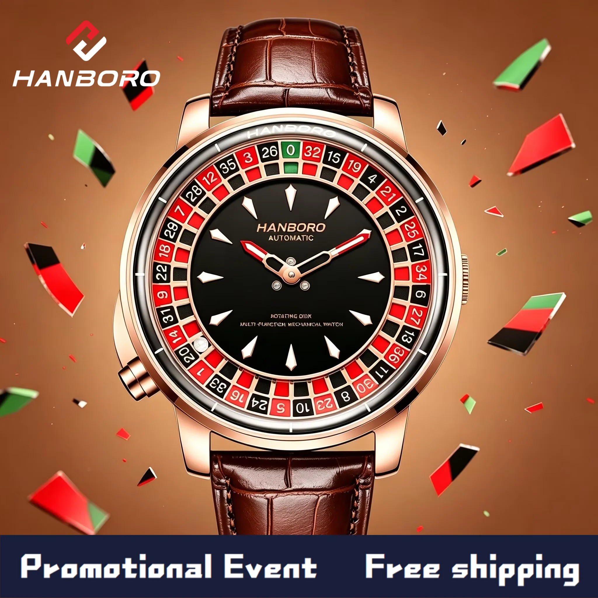 HANBORO Roulette Men's Automatic Mechanical Watch 8215 Movement Rose Gold Rotating Dial Luxury Skeleton Steel Waterproof Leather