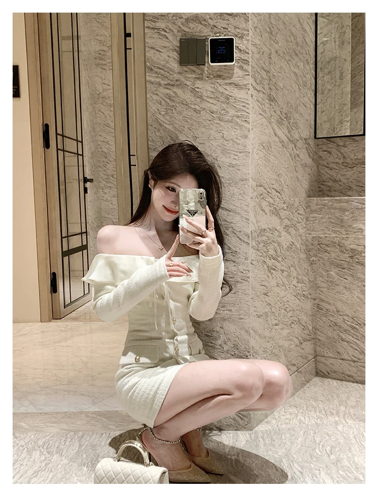 Elegant Tweed Slash Neck Short Dresses for Women Long Sleeve Slim Waist Birthday Party Dress Korean Fashion Vestidos Mujer