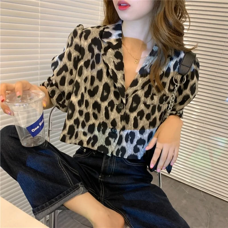 Women Summer Casual Leopard Short Blazer  Y2k Slim V-Neck Blazers Korean Fashion Harajuku Clothing Short Sleeve Cute Suit