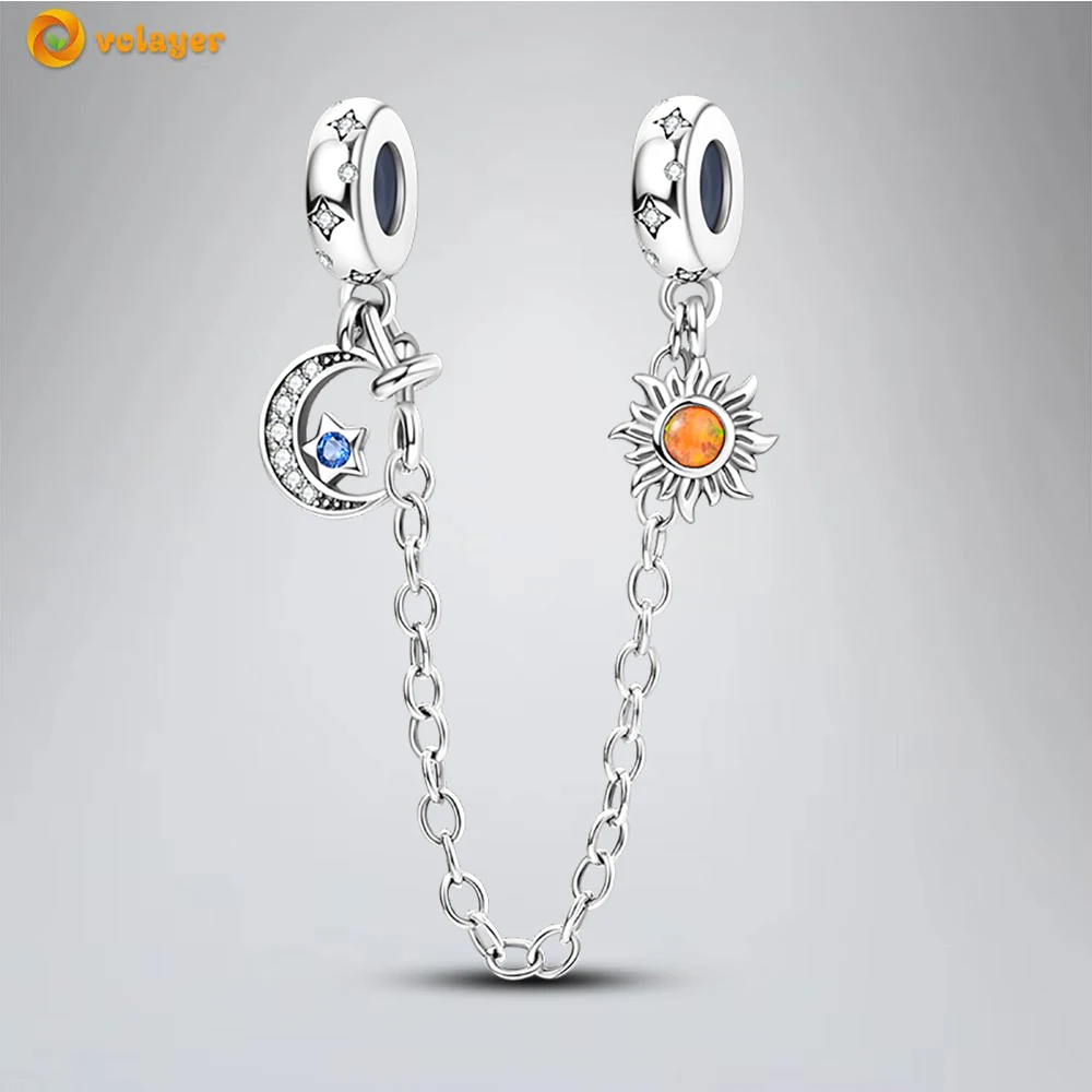 

Volayer 925 Sterling Silver Beads Sun, Moon and Stars Safety Chain fit Original Pandora Bracelets for Women DIY Jewelry