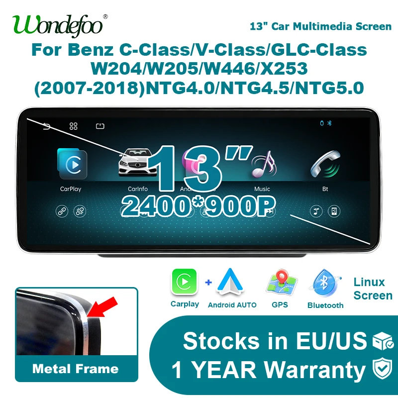 Pantalla Linux 2400*900P Android Auto Radio de coche de 13 pulgadas Accesorio estéreo inalámbrico Carplay para Mercedes Benz GLC/V/X Clase C W204 S204 W205 X253 W446 2007-2018 NTG 4.0 4.5 5.0 Autoradio Airplay Autolink Reproductor multimedia Bluetooth Navegación GPS 1
