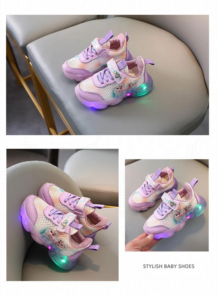 Disney Frozen Mesh Sneakers Kids Shoes Summer Led Children Luminous Shoes Girls Light Baby Sports Pink Shoes Size 13-19cm girls shoes