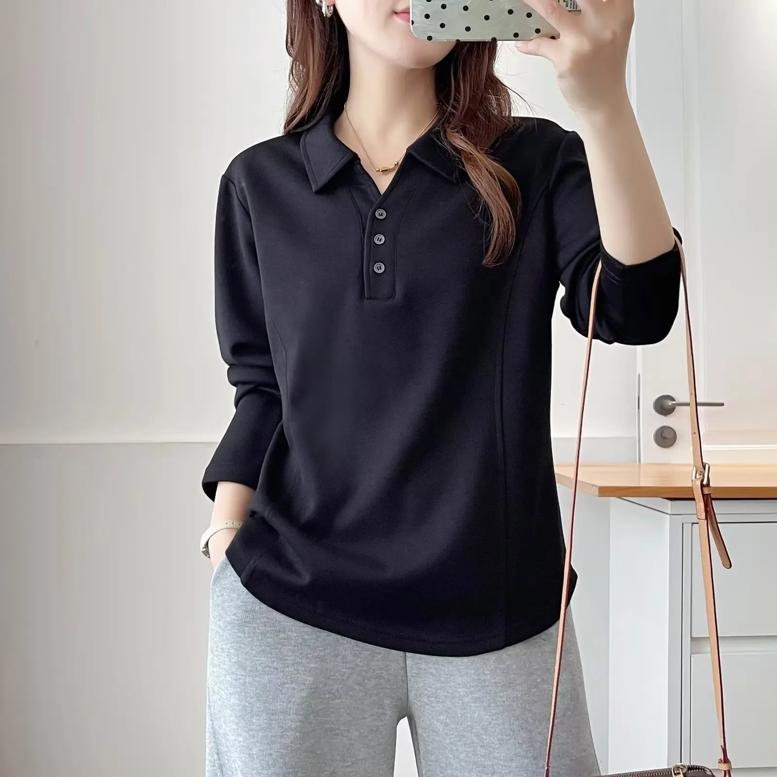 XXXXL Fashion Plus Size Women's T-Shirt New Autumn Simple three-dimensional Cut POLO Collar Long Sleeved Inner Top 2558