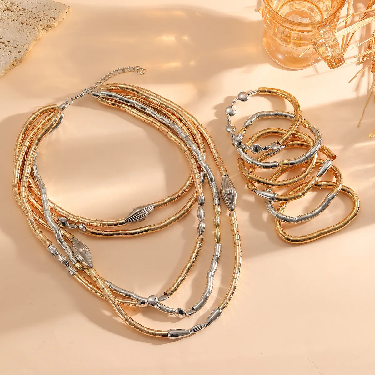 Fashion Exaggerated Jewelry Sets Women Color Block Multi Layer Stackable Necklaces Bracelets Elegant Banquet Jewelry Accessories - 4